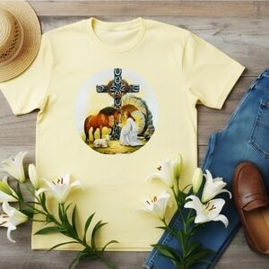 Faith Cross Horse Tee • Western Christian Graphic Shirt • Pastel Yellow Ranch
